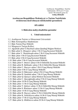 Azərbaycan Respublikası Nazirlər Kabinetinin 2014-Cü Il 17 Iyun Tarixli 196 Nömrəli Qərarı Ilə Təsdiq Edilmişdir