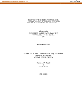 Politics of the Highly Improbable: Anticipation, Catastrophe, Security