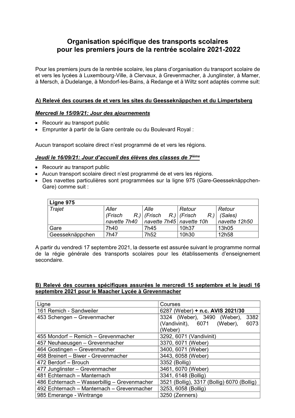 Organisation Spécifique Des Transports Scolaires Pour Les Premiers Jours De La Rentrée Scolaire 2021-2022