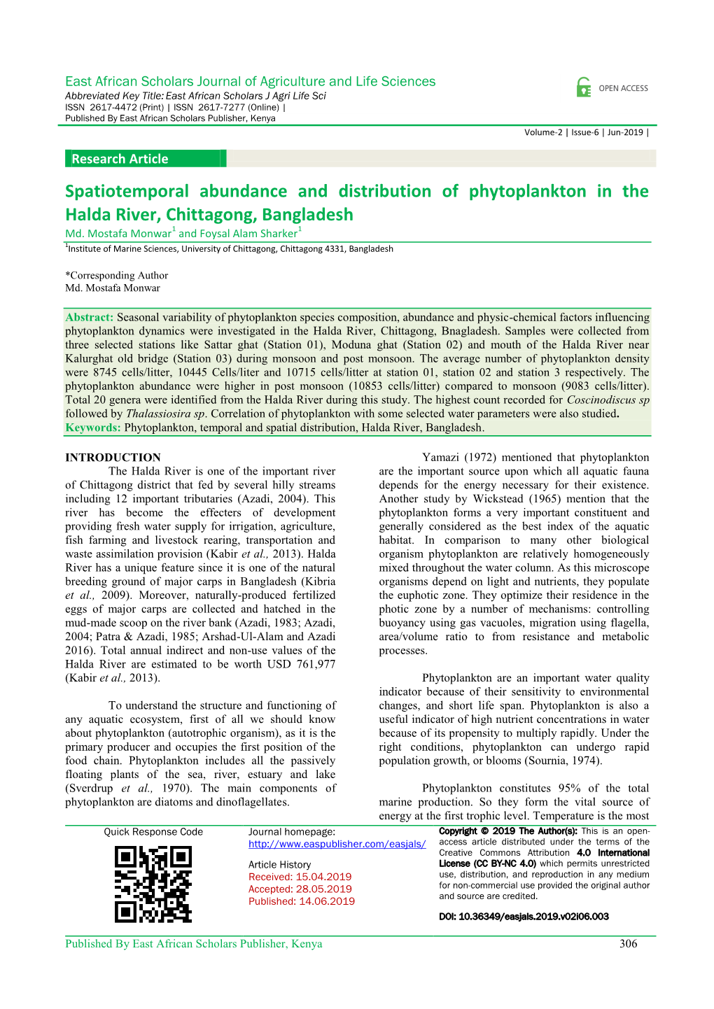 Spatiotemporal Abundance and Distribution of Phytoplankton in the Halda River, Chittagong, Bangladesh Md