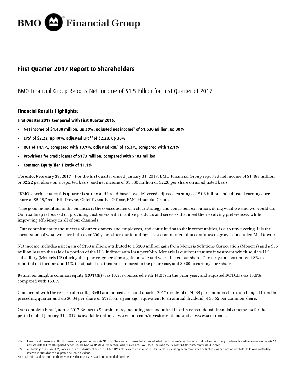 First Quarter 2017 Report to Shareholders