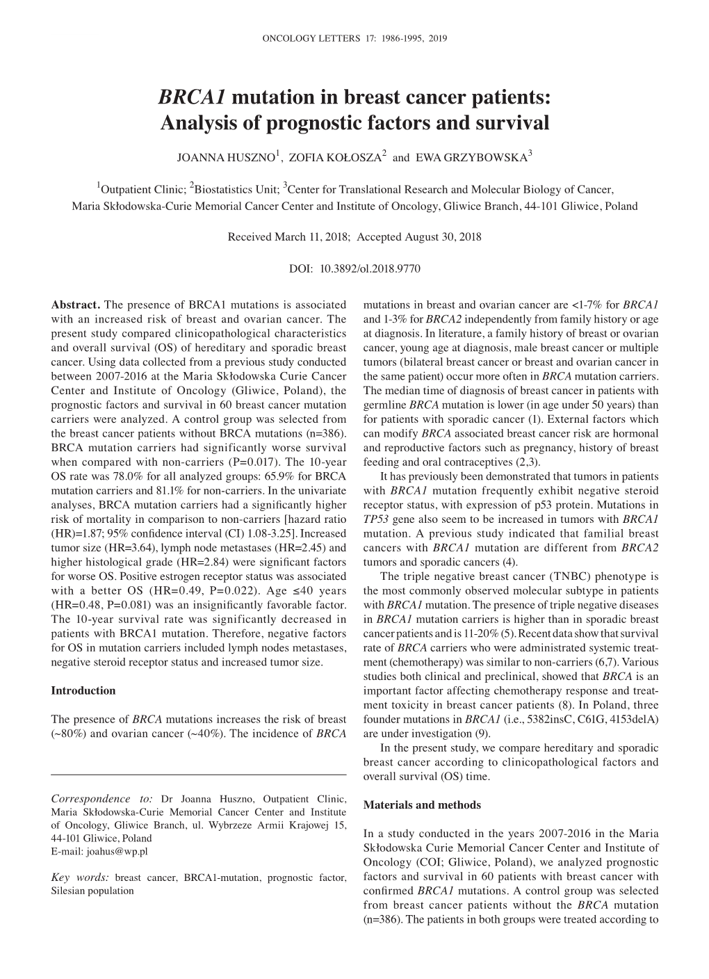 BRCA1 Mutation in Breast Cancer Patients: Analysis of Prognostic Factors and Survival