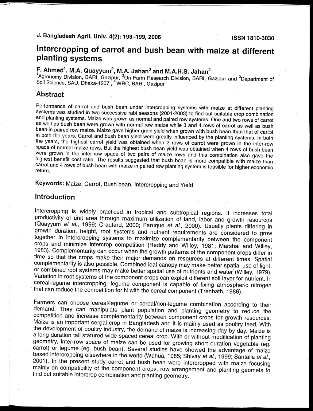 Intercropping of Carrot and Bush Bean with Maize at Different Planting Systems