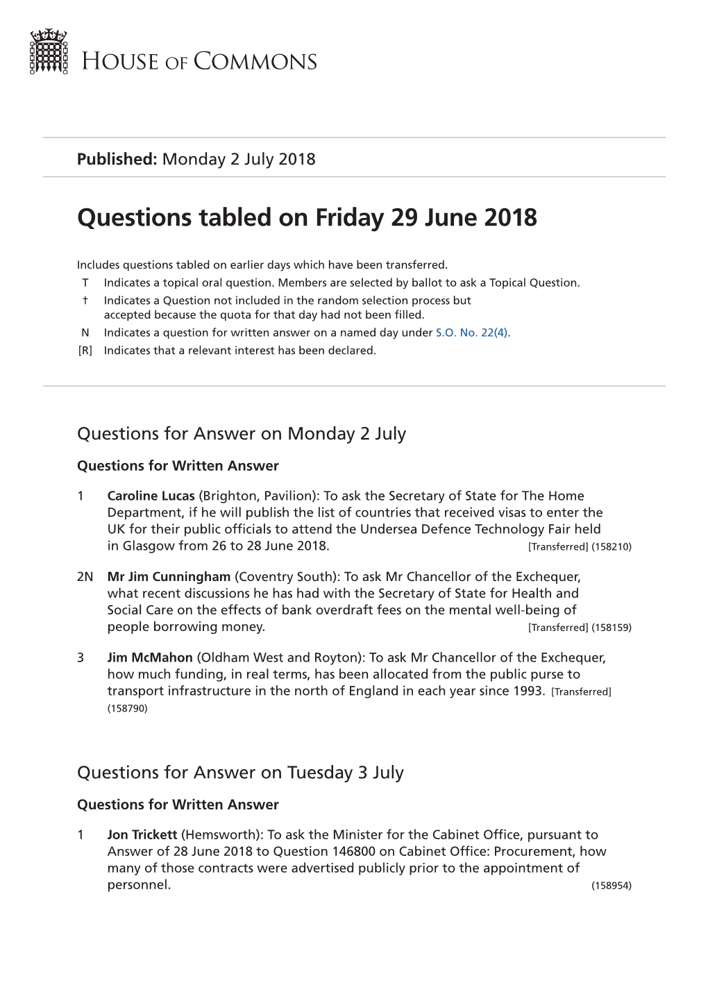 Questions Tabled on Fri 29 Jun 2018