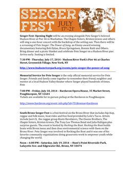 Seeger Fest: Opening Night Will Be an Evening Alongside Pete Seeger’S Beloved Hudson River at Pier 46 in Manhattan