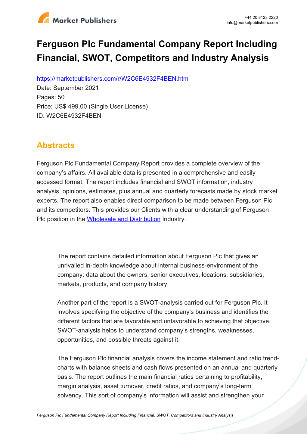 Ferguson Plc Fundamental Company Report Including Financial, SWOT