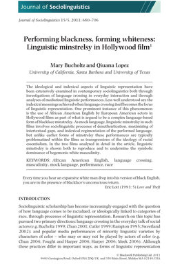 Performing Blackness, Forming Whiteness: Linguistic Minstrelsy in Hollywood Film1