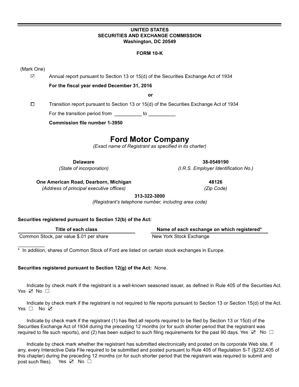 Ford Motor Company (Exact Name of Registrant As Specified in Its Charter)