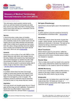 Glossary of Medical Terminology Neonatal Intensive Care Unit [NICU]