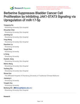Berberine Suppresses Bladder Cancer Cell Proliferation by Inhibiting JAK1-STAT3 Signaling Via Upregulation of Mir-17-5P