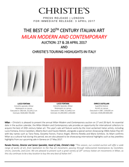 Milan Modern and Contemporary Auction: 27 & 28 April 2017 and Christie’S Touring Highlights in Italy