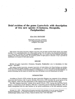 Brief Revision of the Genus Leptochela with Description of Two New Species (Crustacea? Decapoda, Pasiphaeidae)