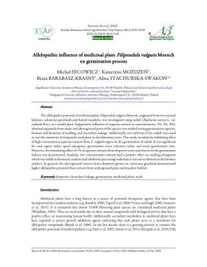 Allelopathic Influence of Medicinal Plant Filipendula Vulgaris Moench on Germination Process