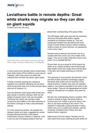 Leviathans Battle in Remote Depths: Great White Sharks May Migrate So They Can Dine on Giant Squids 12 March 2010, by Jill Leovy
