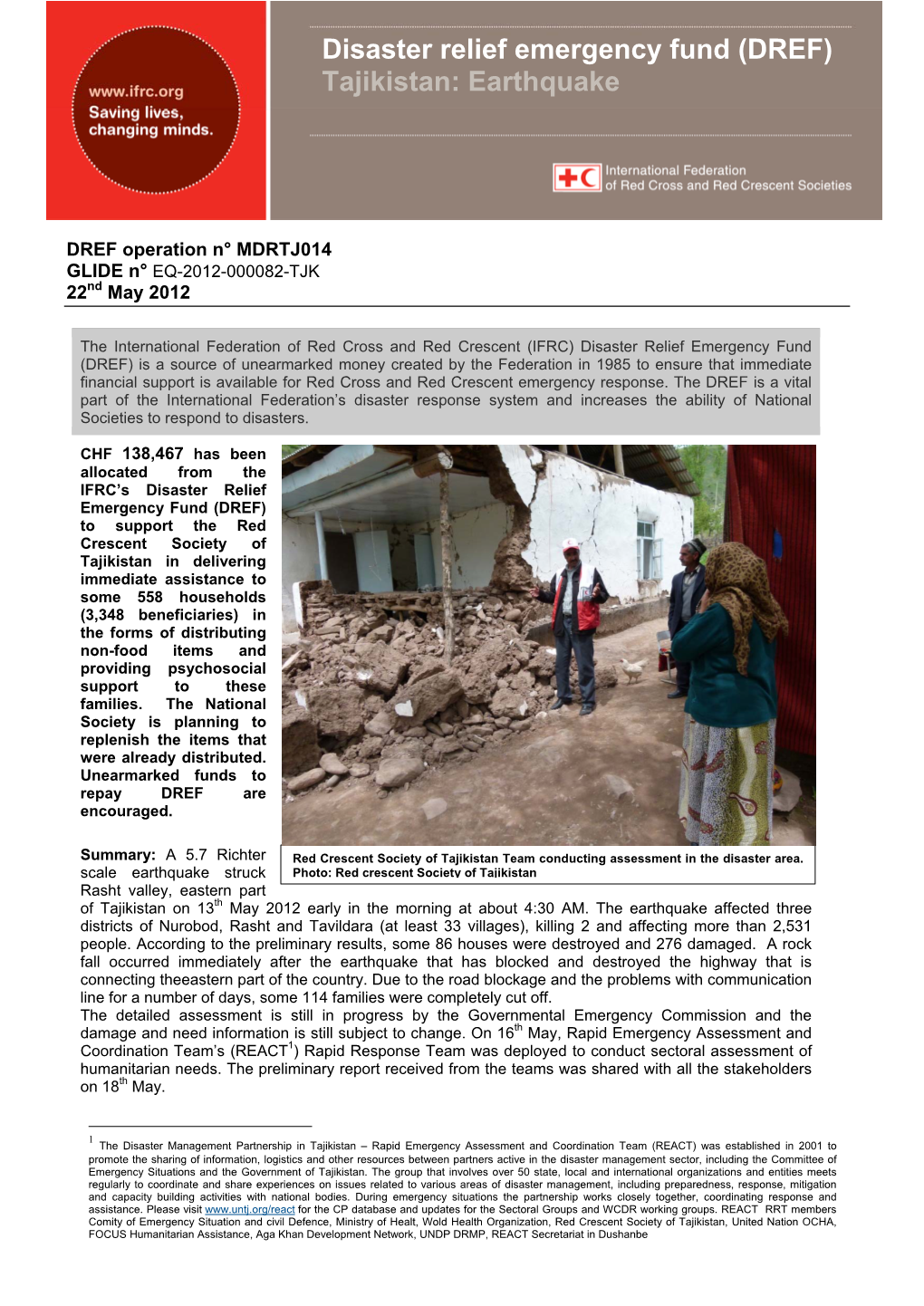Disaster Relief Emergency Fund (DREF) Tajikistan: Earthquake