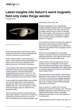 Latest Insights Into Saturn's Weird Magnetic Field Only Make Things Weirder 4 October 2018
