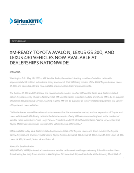 Xm-Ready Toyota Avalon, Lexus Gs 300, and Lexus 430 Vehicles Now Available at Dealerships Nationwide