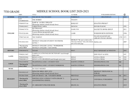 7Th Grade Middle School Book List 2020-2021