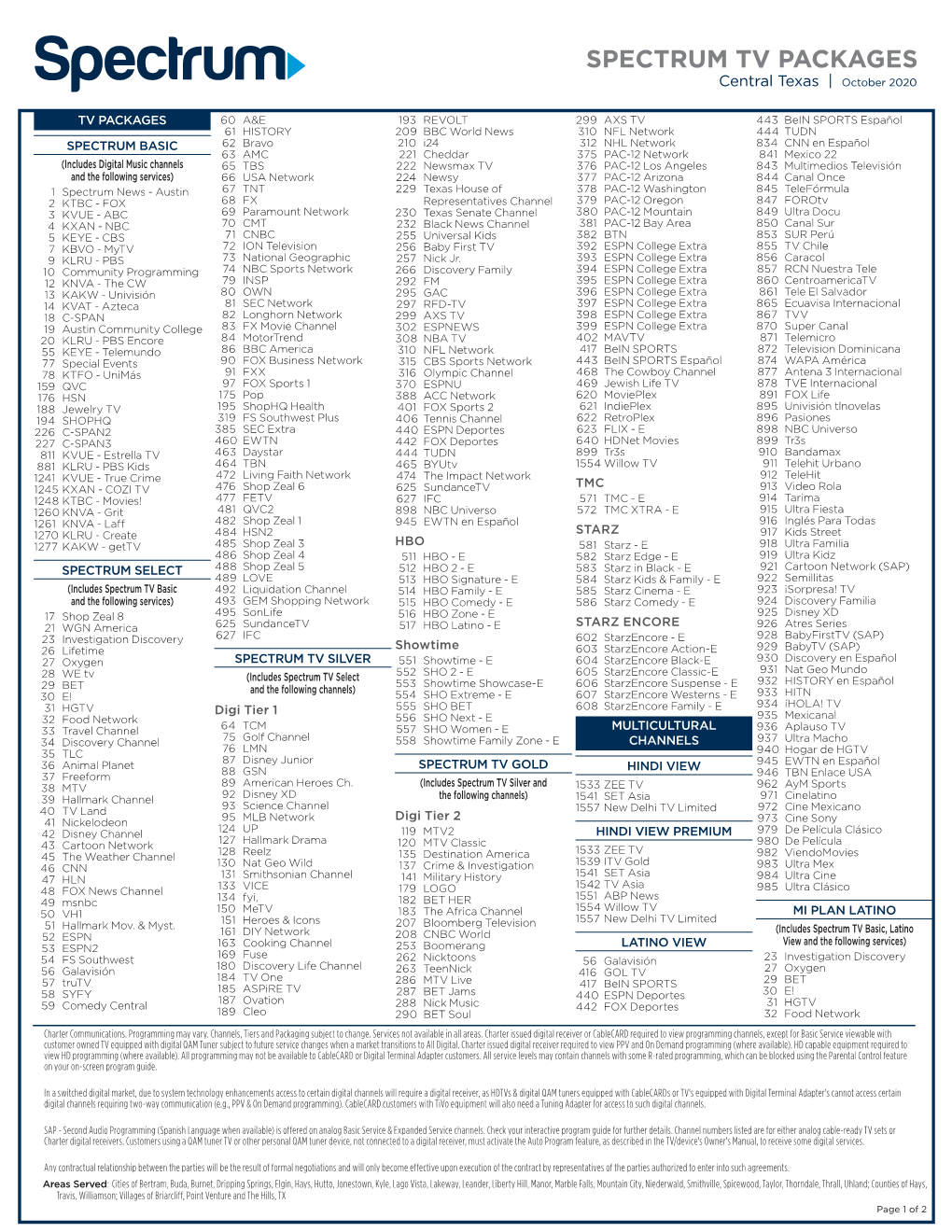 SPECTRUM TV PACKAGES Central Texas | October 2020