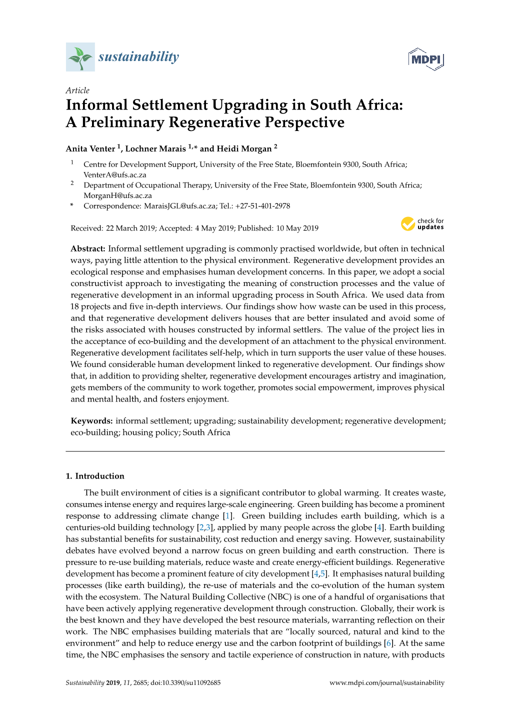 Informal Settlement Upgrading in South Africa: a Preliminary Regenerative Perspective