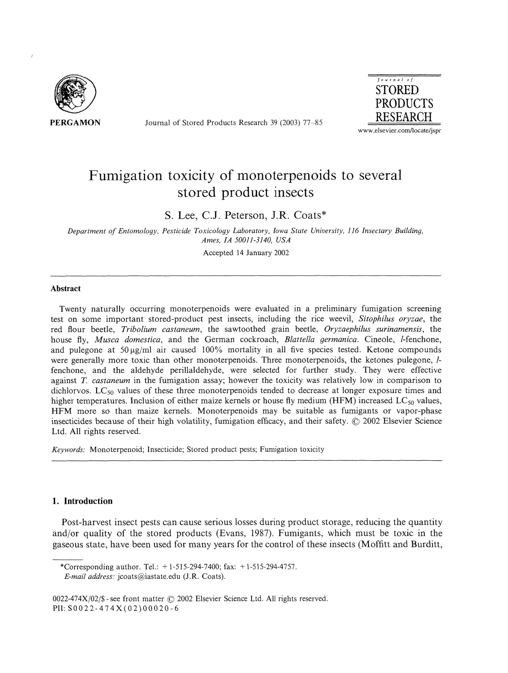 Fumigation Toxicity of Monoterpenoids to Several Stored Product Insects S