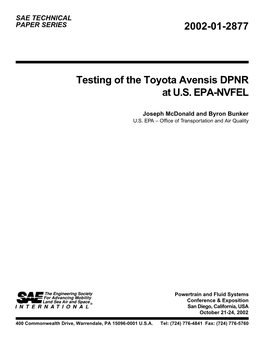 Testing of the Toyota Avensis DPNR at US EPA-NVFEL