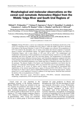 Morphological and Molecular Observations on the Cereal Cyst Nematode Heterodera Filipjevi from the Middle Volga River and South Ural Regions of Russia Mikhail V