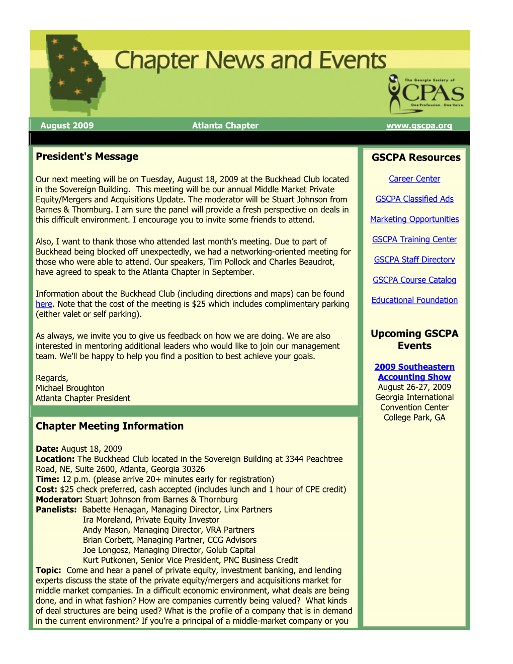 President's Message Chapter Meeting Information GSCPA Resources