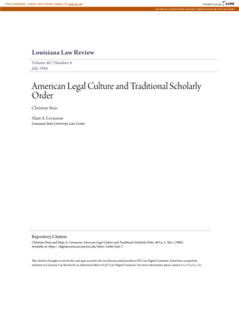 American Legal Culture and Traditional Scholarly Order Christian Atias