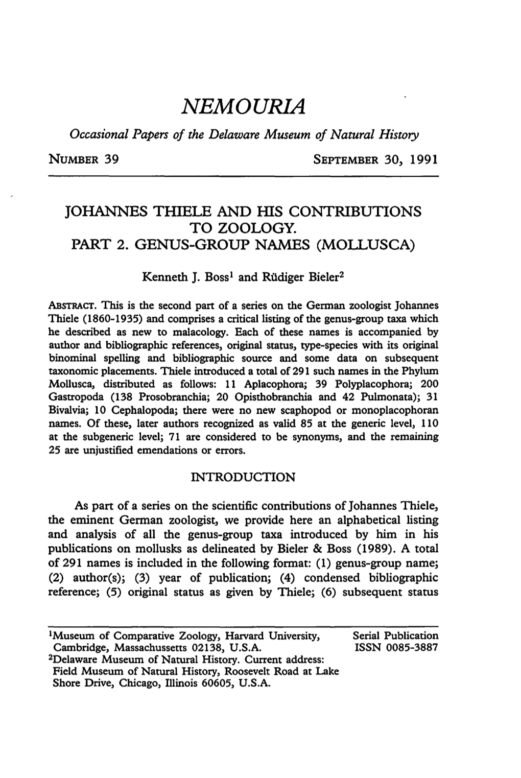 Johannes Thiele and His Contributions to Zoology. Part 2. Genus-Group Names (Mollusca)