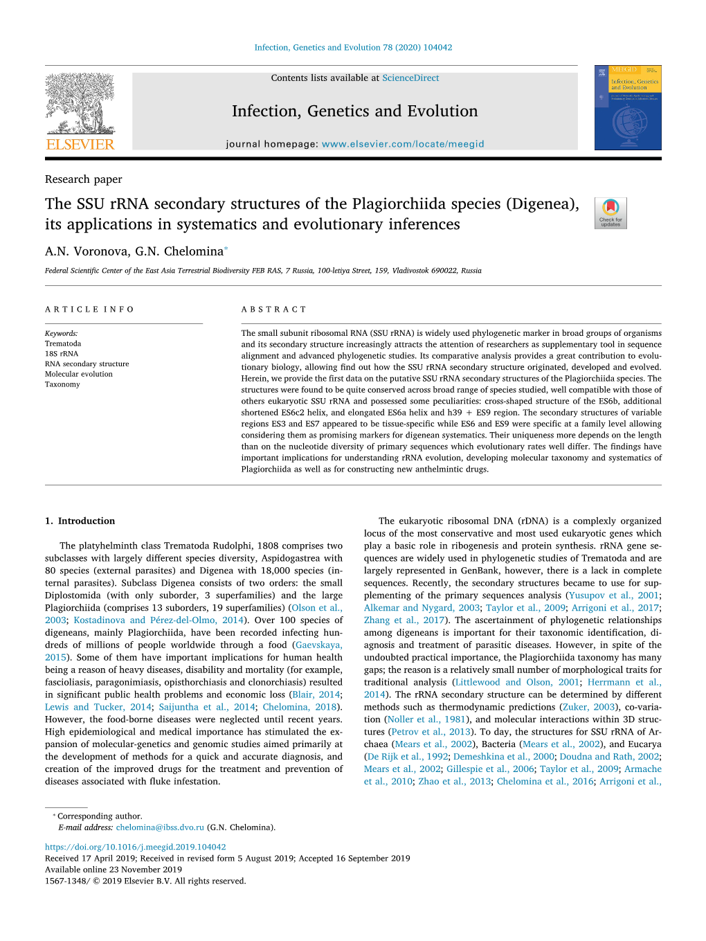 The SSU Rrna Secondary Structures of the Plagiorchiida Species (Digenea), T Its Applications in Systematics and Evolutionary Inferences ⁎ A.N