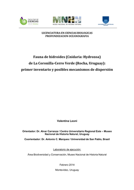 Cnidaria: Hydrozoa) De La Coronilla-Cerro Verde (Rocha, Uruguay): Primer Inventario Y Posibles Mecanismos De Dispersión