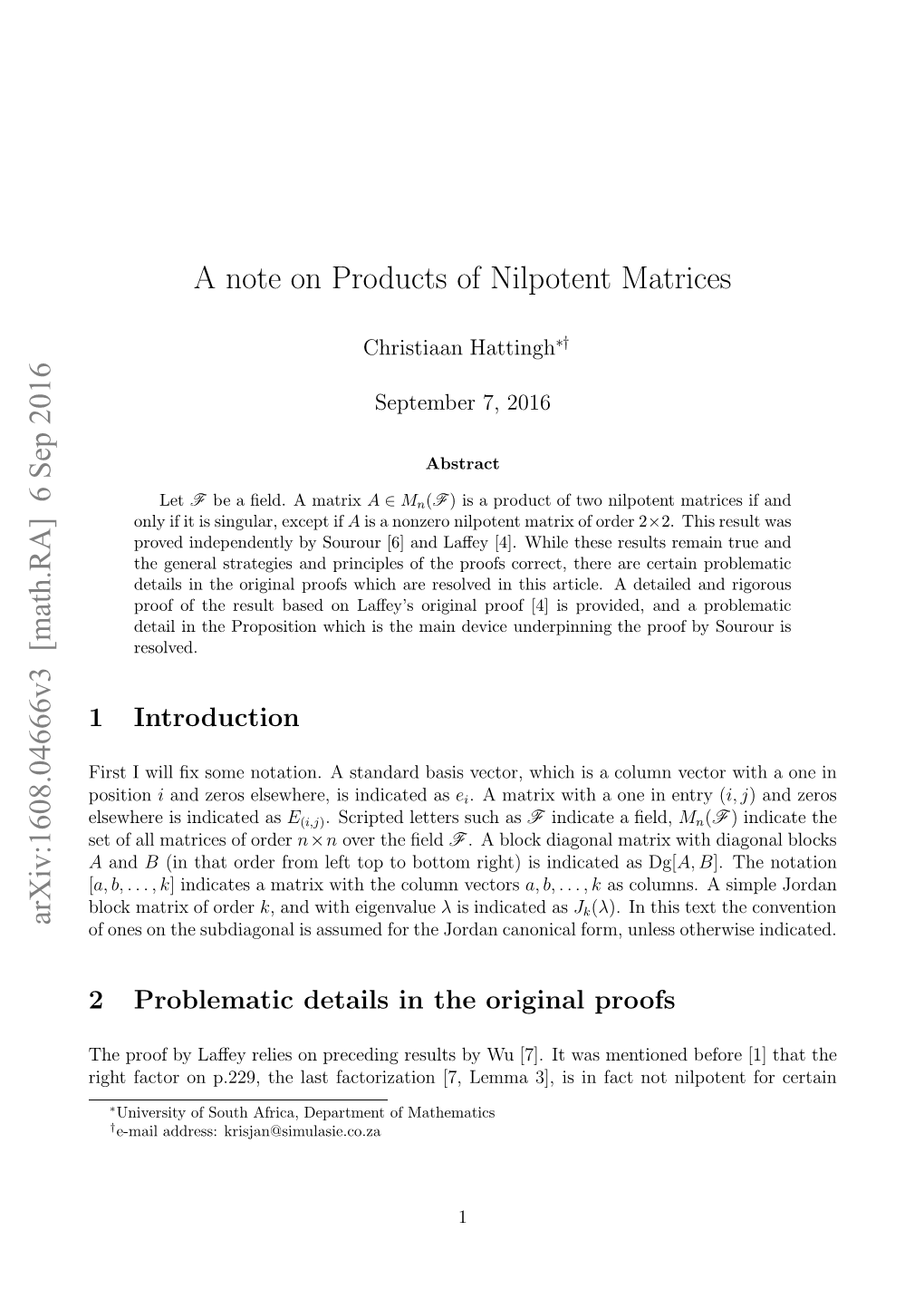 6 Sep 2016 a Note on Products of Nilpotent Matrices