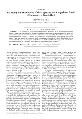 Taxonomy and Distribution of the Argentine Ant, Linepithema Humile (Hymenoptera: Formicidae)