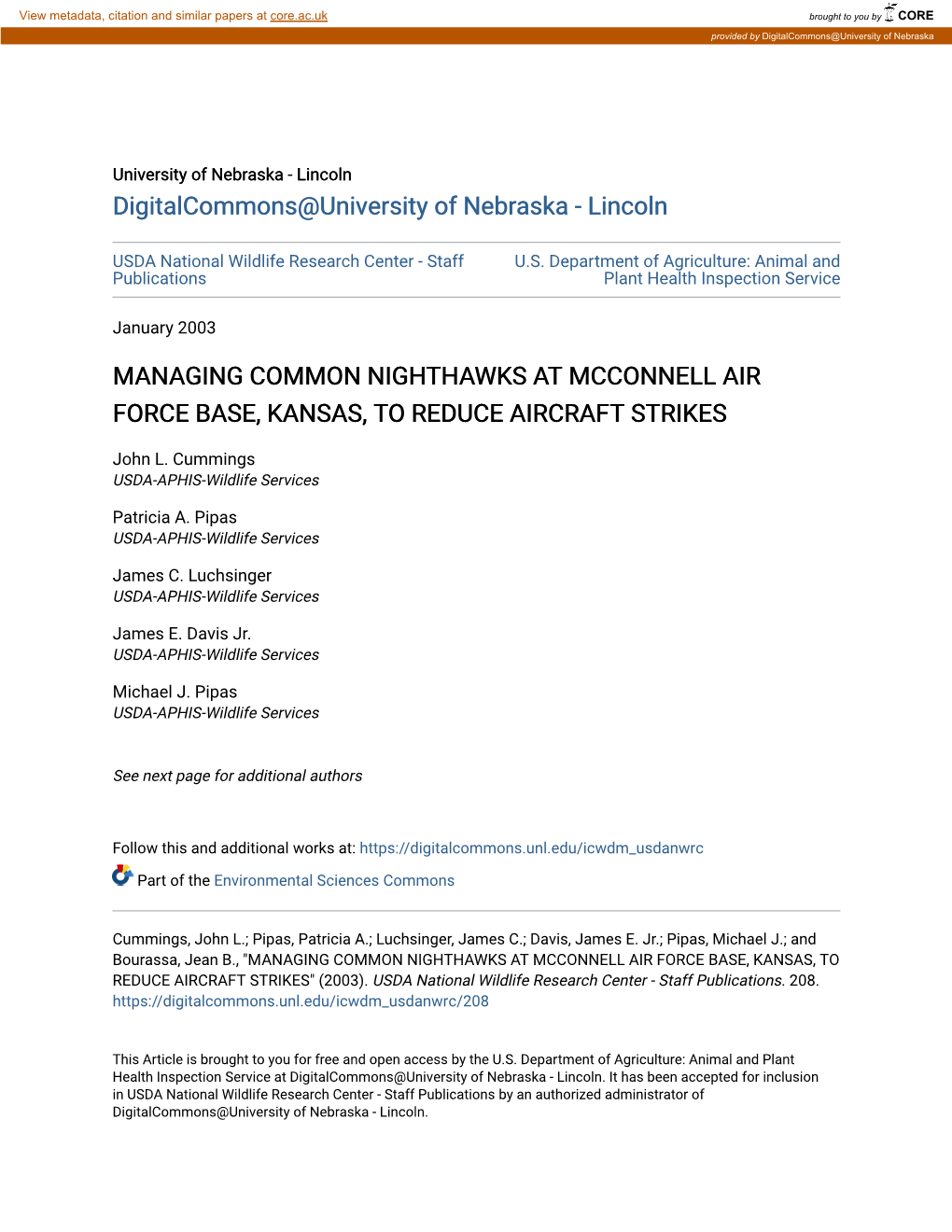 Managing Common Nighthawks at Mcconnell Air Force Base, Kansas, to Reduce Aircraft Strikes