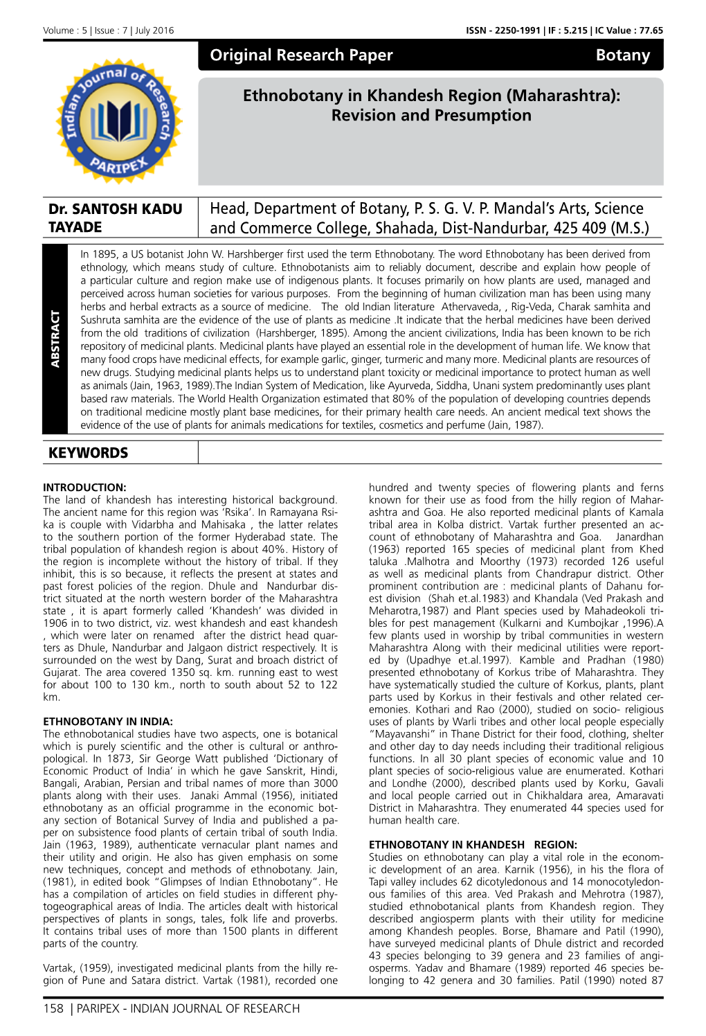 V Ethnobotany in Khandesh Region (Maharashtra)