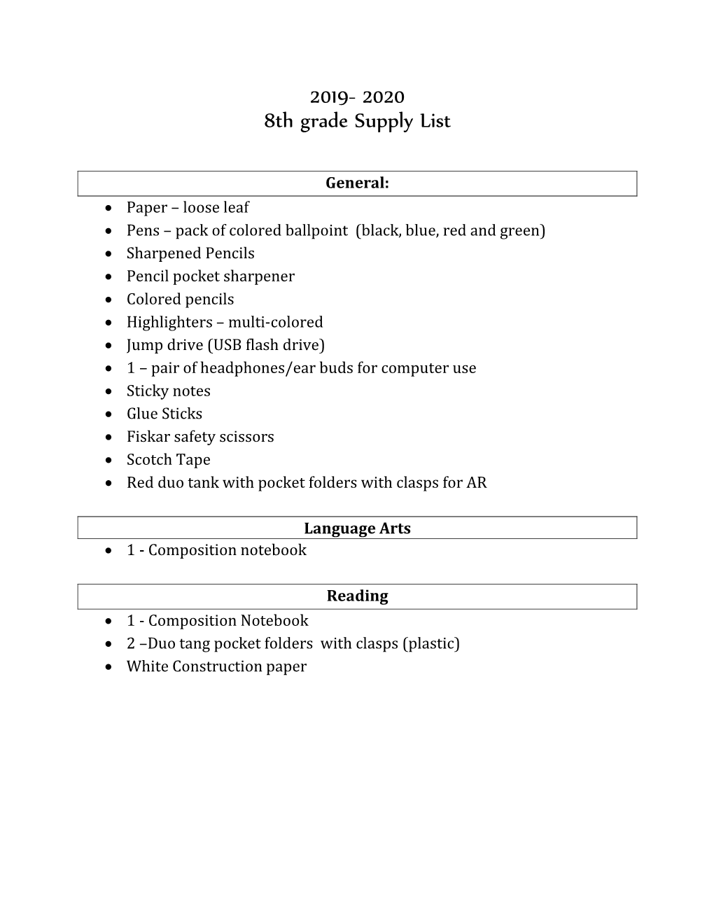 2019- 2020 8Th Grade Supply List