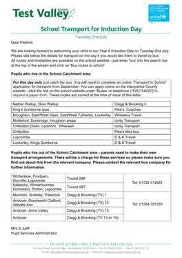 School Transport for Induction Day Tuesday 2Nd July Dear Parents