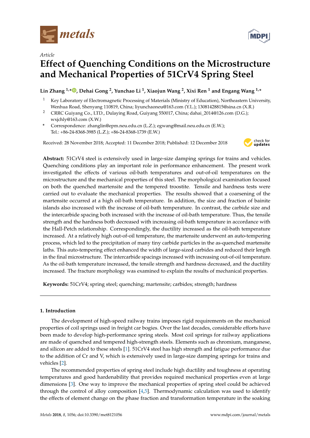 Effect of Quenching Conditions on the Microstructure and Mechanical Properties of 51Crv4 Spring Steel