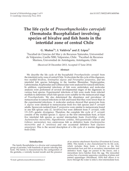 The Life Cycle of Prosorhynchoides Carvajali (Trematoda: Bucephalidae) Involving Species of Bivalve and ﬁsh Hosts in the Intertidal Zone of Central Chile