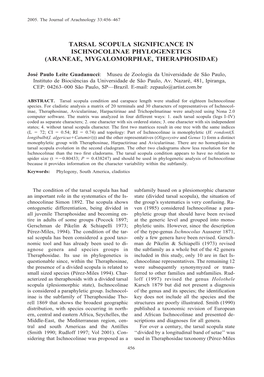 Tarsal Scopula Significance in Ischnocolinae Phylogenetics (Araneae, Mygalomorphae, Theraphosidae)