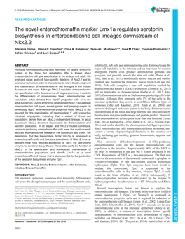 The Novel Enterochromaffin Marker Lmx1a Regulates Serotonin Biosynthesis in Enteroendocrine Cell Lineages Downstream of Nkx2.2 Stefanie Gross1, Diana C