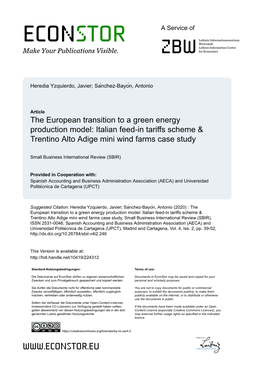 The European Transition to a Green Energy Production Model: Italian Feed-In Tariffs Scheme & Trentino Alto Adige Mini Wind Farms Case Study