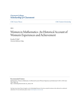 Women in Mathematics: an Historical Account of Women's Experiences and Achievement Kendra D