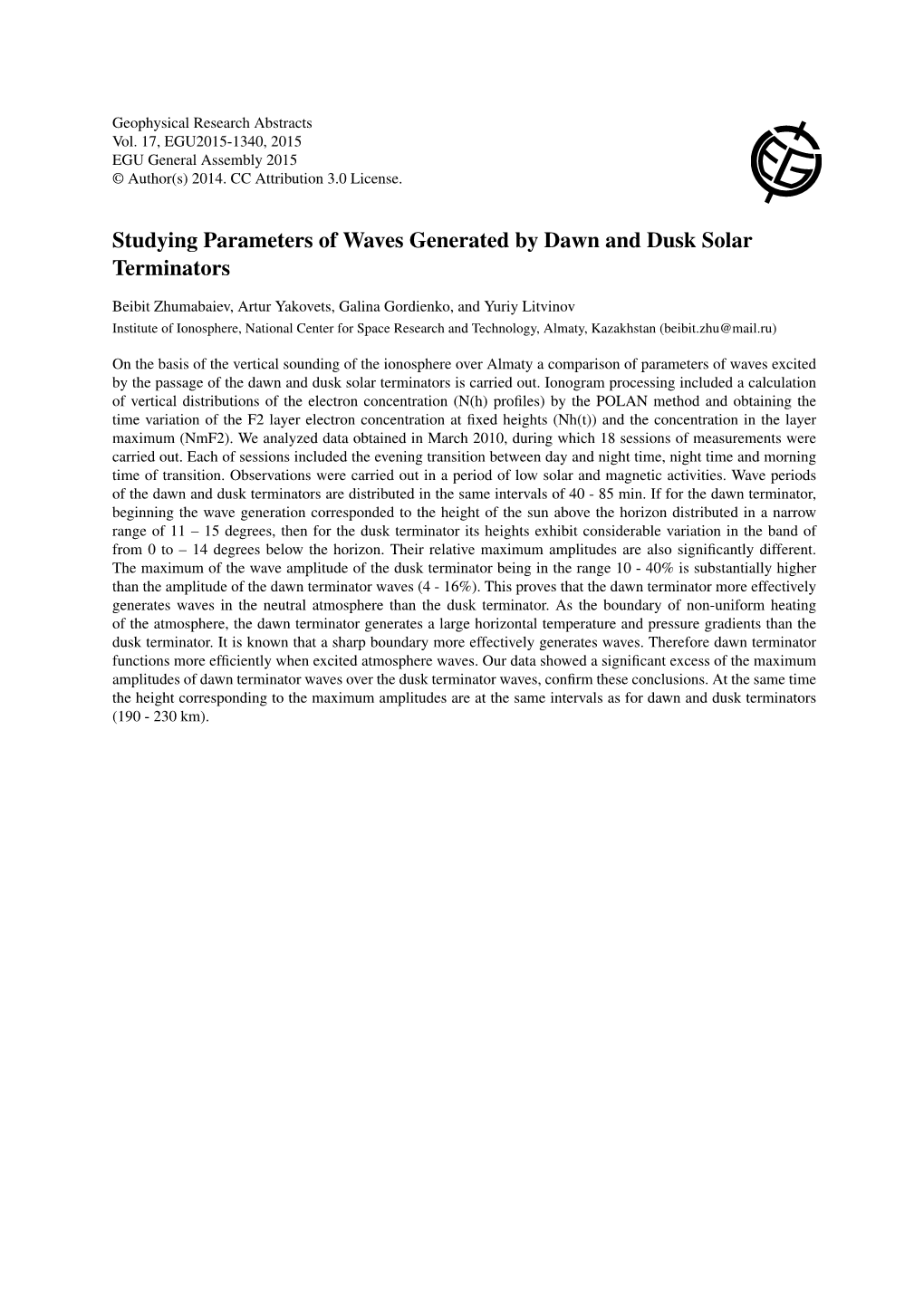 Studying Parameters of Waves Generated by Dawn and Dusk Solar Terminators