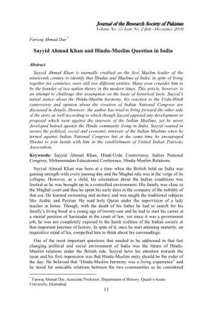 Sayyid Ahmad Khan and Hindu-Muslim Question in India
