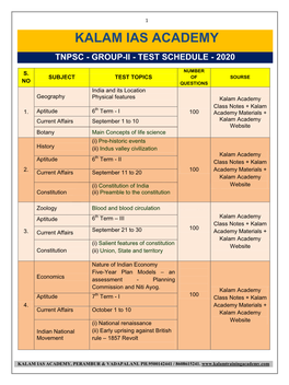 Kalam Ias Academy Tnpsc - Group-Ii - Test Schedule - 2020