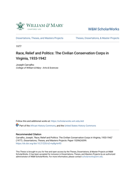 Race, Relief and Politics: the Civilian Conservation Corps in Virginia, 1933-1942