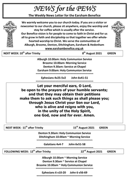 NEWS for the PEWS the Weekly News Letter for the Earsham Benefice