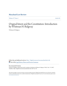 Original Intent and the Constitution: Introduction by Whitman H. Ridgway Whitman H